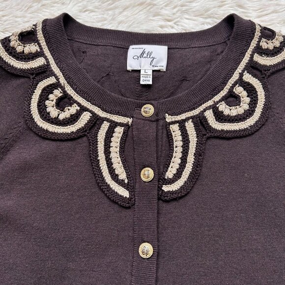 Milly of New York Cardigan Sweater Large Brown Silk Gold Crochet Embroidery Chic - Picture 13 of 15